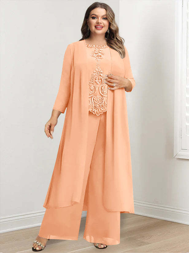 Plus Size Floor-Length Chiffon Pantsuit for the Mother of the Bride with Round Neck and Applique Jacket-27prom