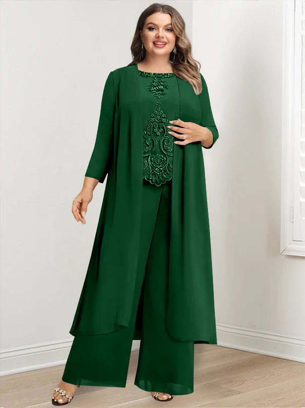 Plus Size Floor-Length Chiffon Pantsuit for the Mother of the Bride with Round Neck and Applique Jacket-27prom