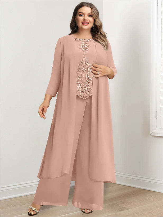 Plus Size Floor-Length Chiffon Pantsuit for the Mother of the Bride with Round Neck and Applique Jacket-27prom