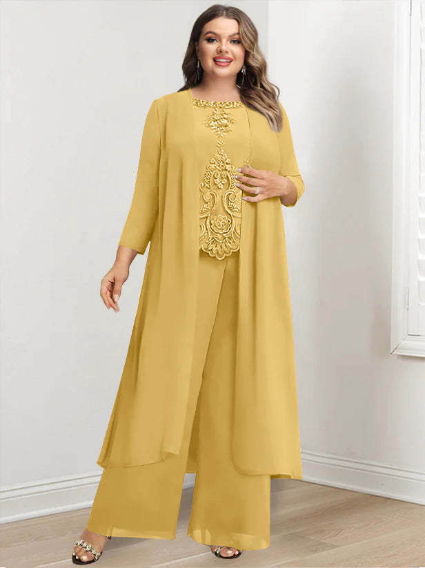 Plus Size Floor-Length Chiffon Pantsuit for the Mother of the Bride with Round Neck and Applique Jacket-27prom