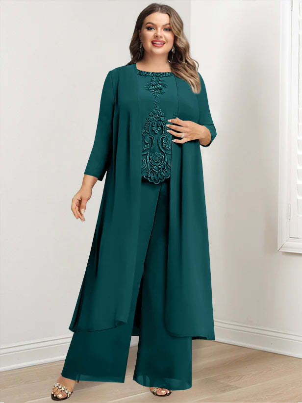 Plus Size Floor-Length Chiffon Pantsuit for the Mother of the Bride with Round Neck and Applique Jacket-27prom
