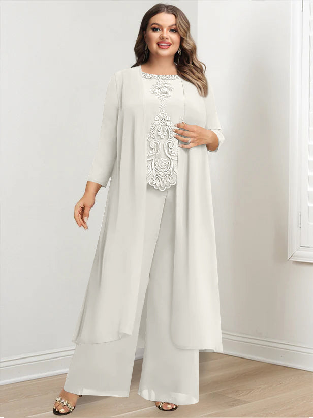 Plus Size Floor-Length Chiffon Pantsuit for the Mother of the Bride with Round Neck and Applique Jacket-27prom