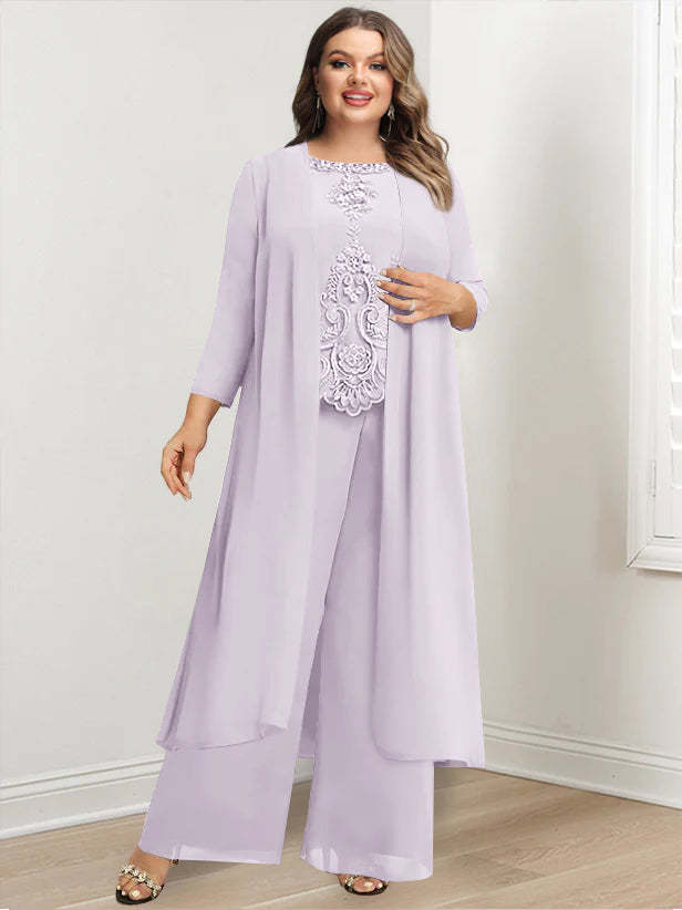 Plus Size Floor-Length Chiffon Pantsuit for the Mother of the Bride with Round Neck and Applique Jacket-27prom