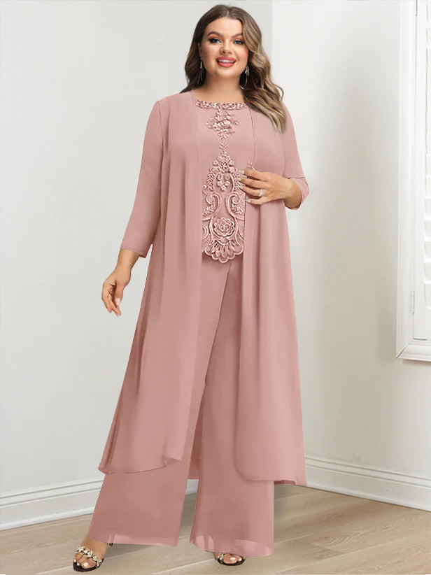 Plus Size Floor-Length Chiffon Pantsuit for the Mother of the Bride with Round Neck and Applique Jacket-27prom
