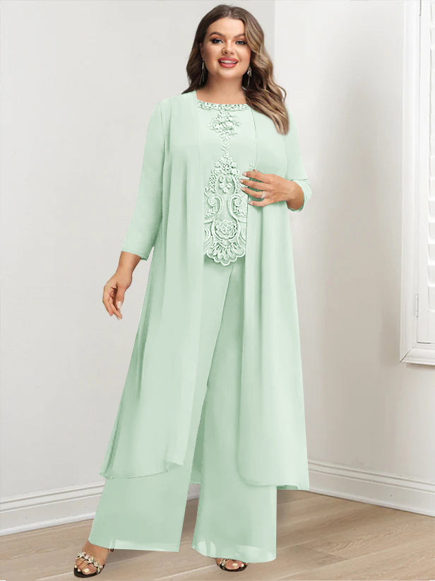 Plus Size Floor-Length Chiffon Pantsuit for the Mother of the Bride with Round Neck and Applique Jacket-27prom