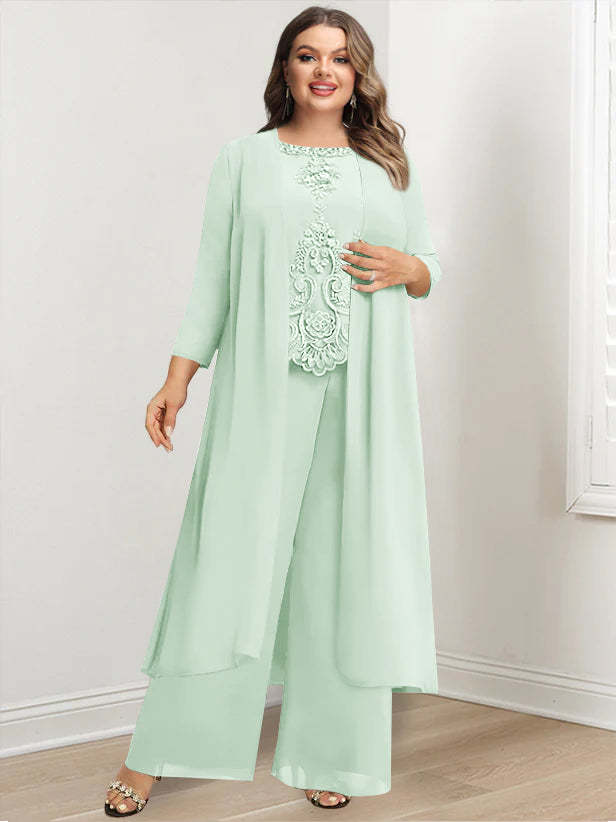 Plus Size Floor-Length Chiffon Pantsuit for the Mother of the Bride with Round Neck and Applique Jacket-27prom