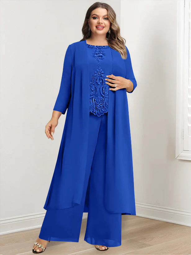 Plus Size Floor-Length Chiffon Pantsuit for the Mother of the Bride with Round Neck and Applique Jacket-27prom