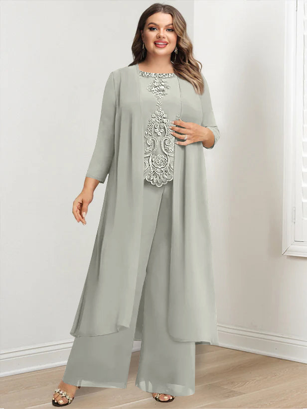Plus Size Floor-Length Chiffon Pantsuit for the Mother of the Bride with Round Neck and Applique Jacket-27prom