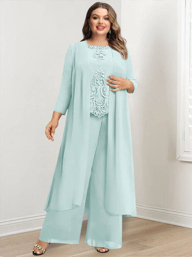 Plus Size Floor-Length Chiffon Pantsuit for the Mother of the Bride with Round Neck and Applique Jacket-27prom