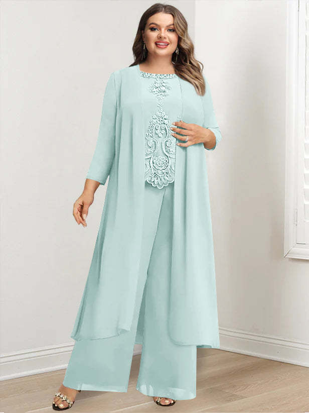 Plus Size Floor-Length Chiffon Pantsuit for the Mother of the Bride with Round Neck and Applique Jacket-27prom