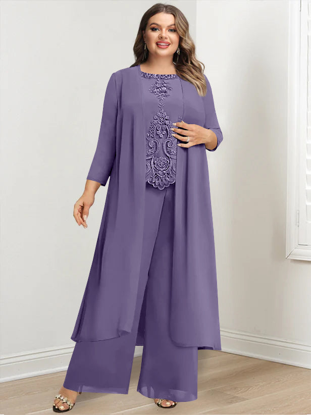 Plus Size Floor-Length Chiffon Pantsuit for the Mother of the Bride with Round Neck and Applique Jacket-27prom