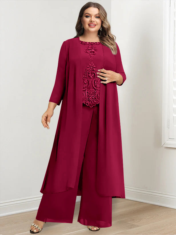 Plus Size Floor-Length Chiffon Pantsuit for the Mother of the Bride with Round Neck and Applique Jacket-27prom