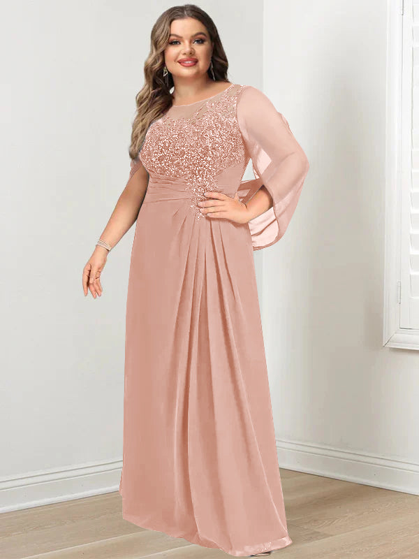 Plus Size Floor-Length Mother of the Bride A-Line Dress with Scoop Neckline Pleats and Sequins-27prom