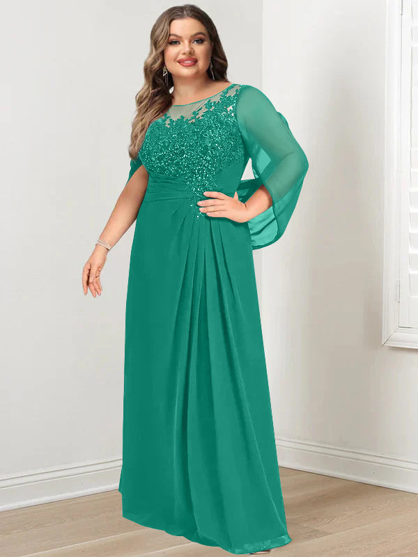 Plus Size Floor-Length Mother of the Bride A-Line Dress with Scoop Neckline Pleats and Sequins-27prom
