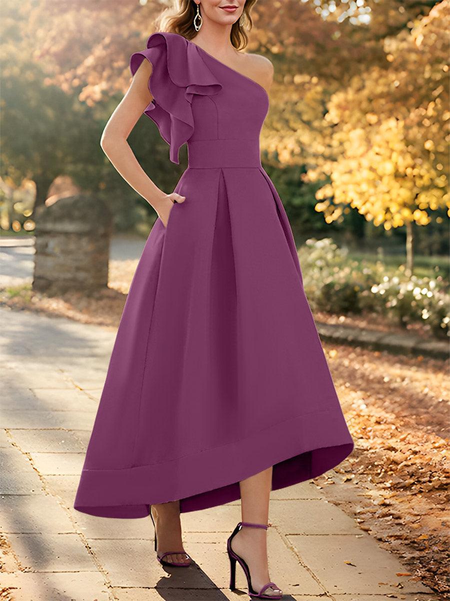 One-Shoulder Asymmetrical A-Line Princess Dress for the Mother of the Bride Sleeveless with Ruffles-27prom