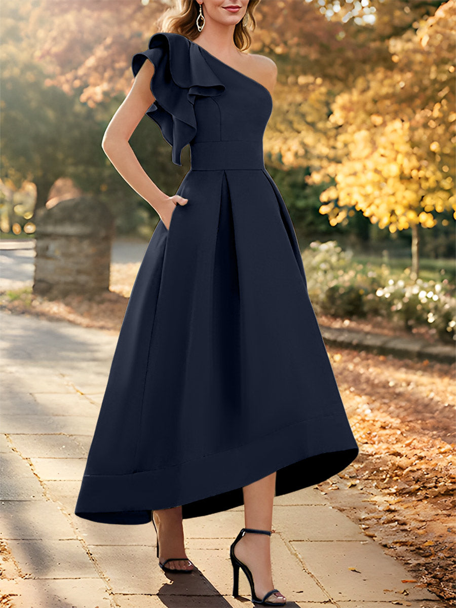 One-Shoulder Asymmetrical A-Line Princess Dress for the Mother of the Bride Sleeveless with Ruffles-27prom