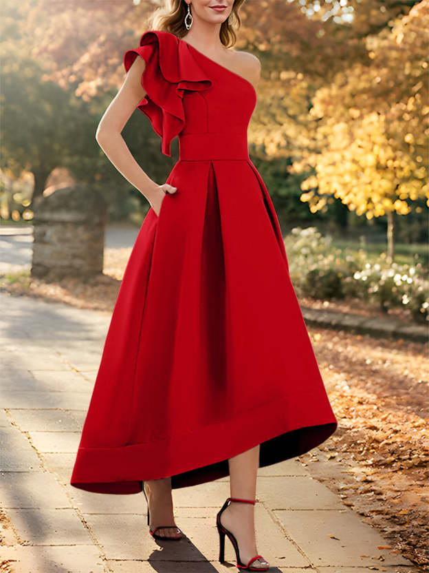 One-Shoulder Asymmetrical A-Line Princess Dress for the Mother of the Bride Sleeveless with Ruffles-27prom