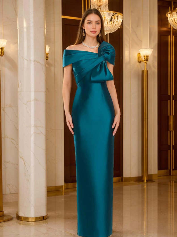 One-Shoulder Floor-Length Mother of the Bride Gown with Bow in Sheath/Column Style-27prom