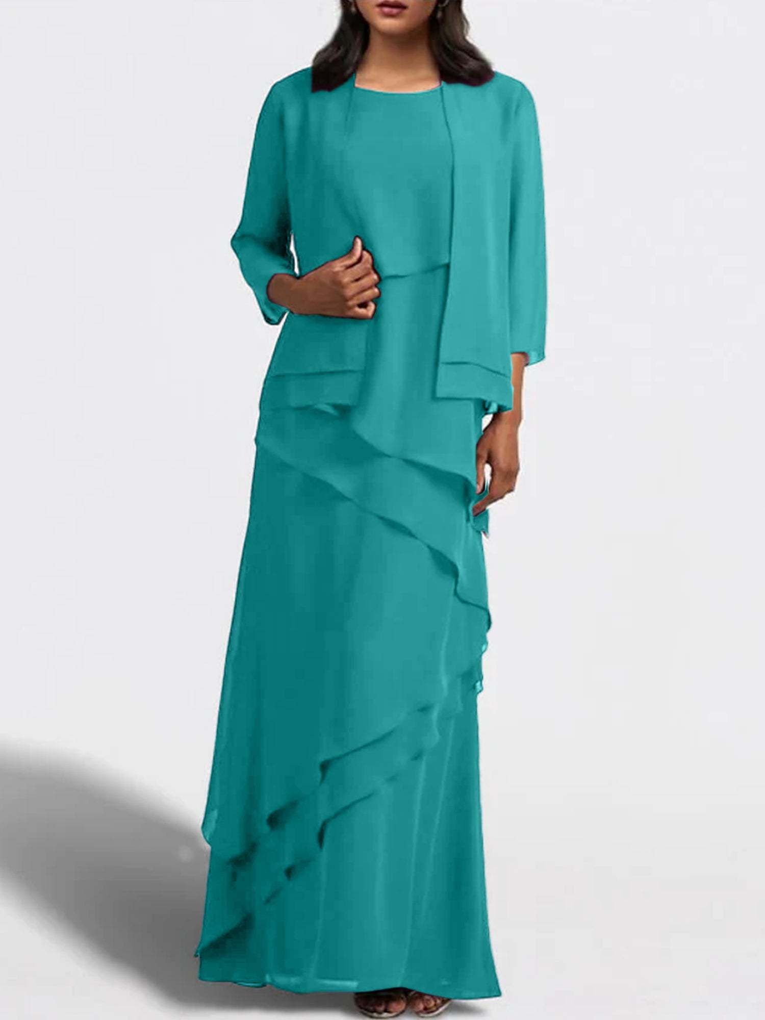 Floor-Length Mother of the Bride Sheath Dress with Matching Jacket-27prom