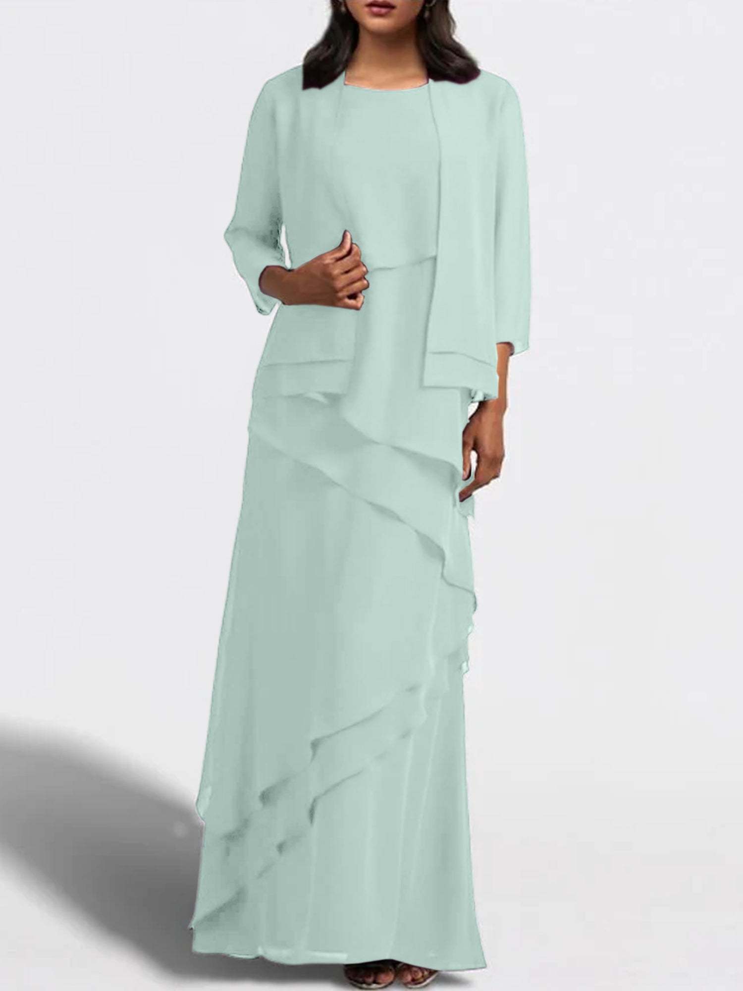 Floor-Length Mother of the Bride Sheath Dress with Matching Jacket-27prom