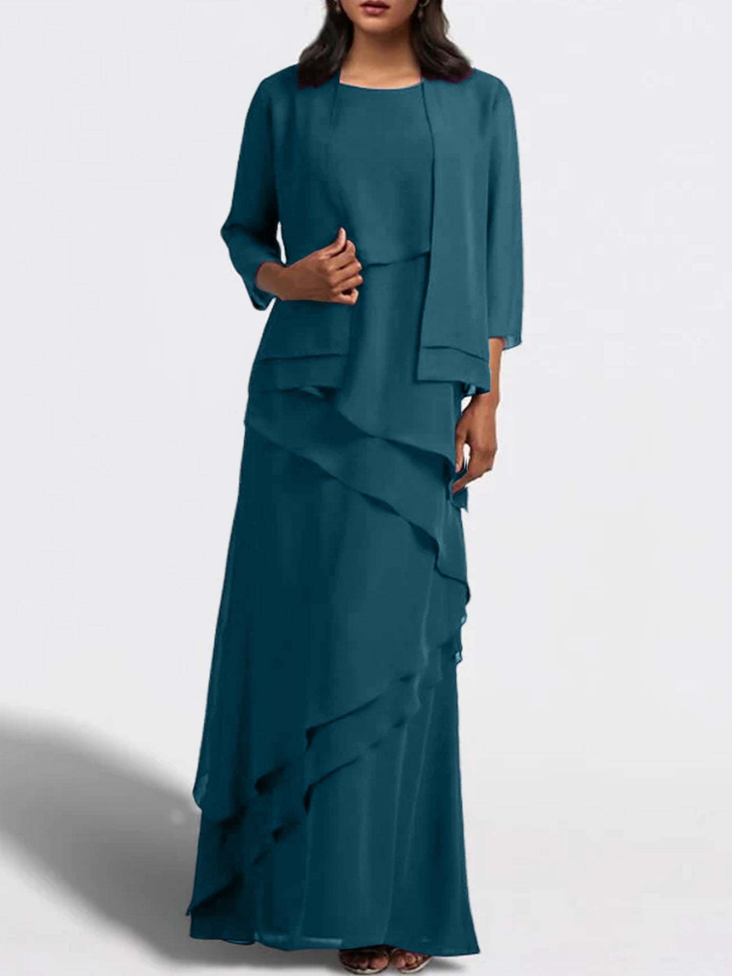 Floor-Length Mother of the Bride Sheath Dress with Matching Jacket-27prom