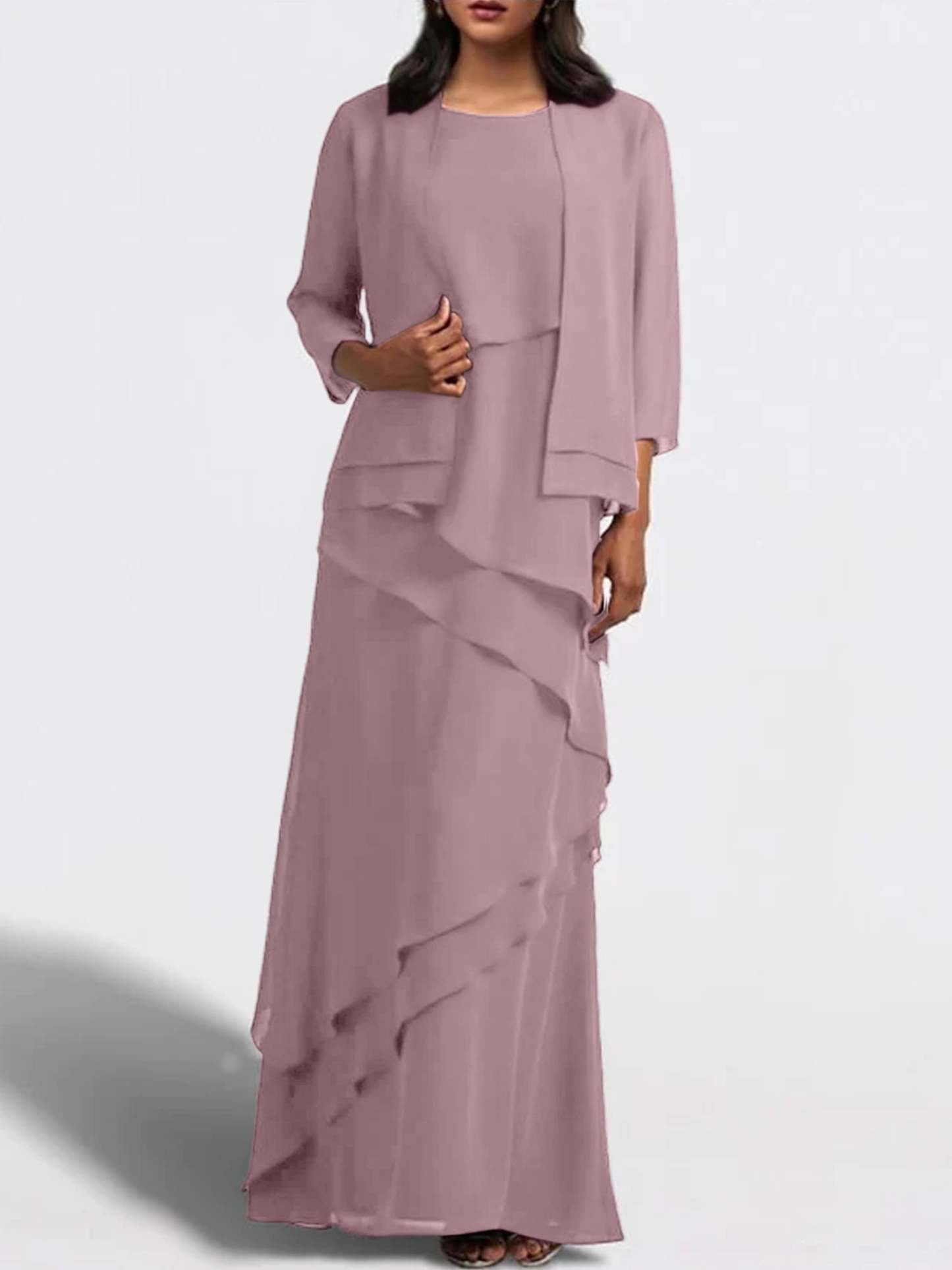 Floor-Length Mother of the Bride Sheath Dress with Matching Jacket-27prom