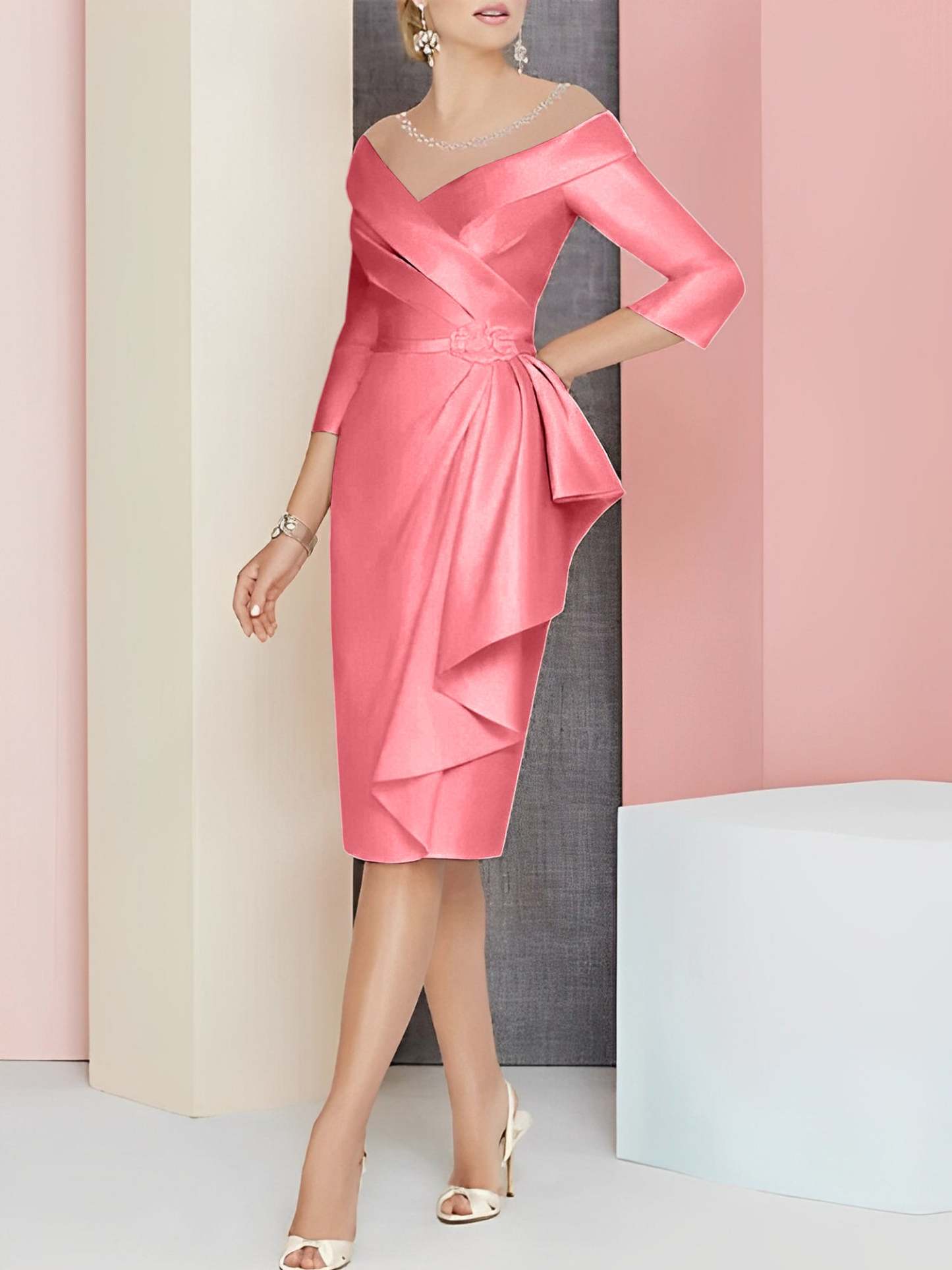 Knee-Length V-Neck Sheath/Column Mother of the Bride Dresses-27prom