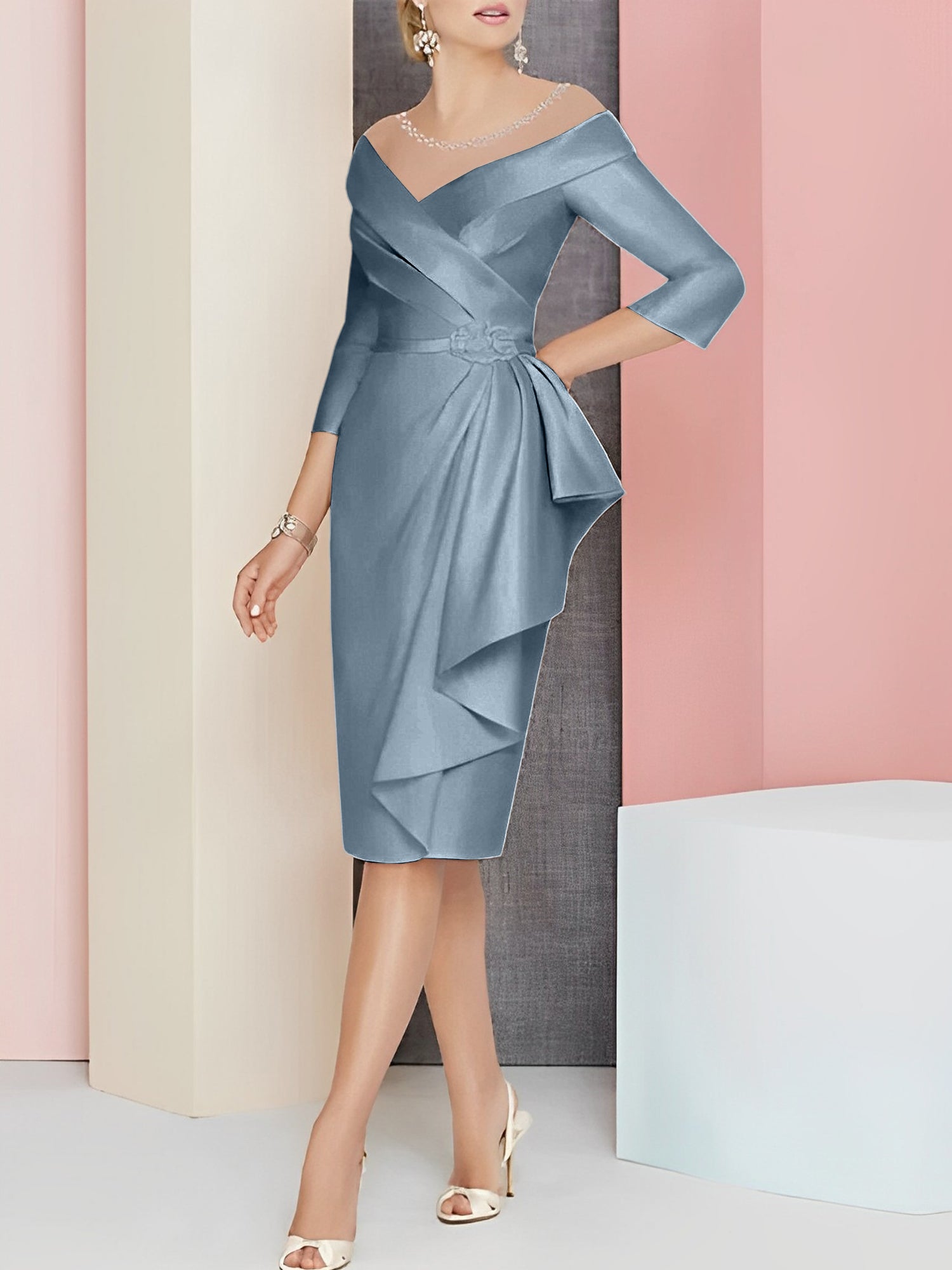 Knee-Length V-Neck Sheath/Column Mother of the Bride Dresses-27prom