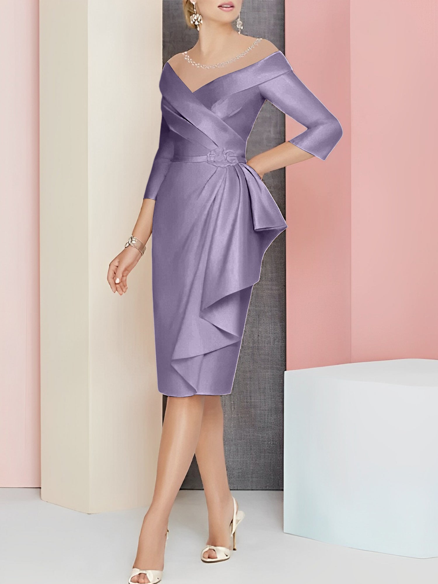 Knee-Length V-Neck Sheath/Column Mother of the Bride Dresses-27prom