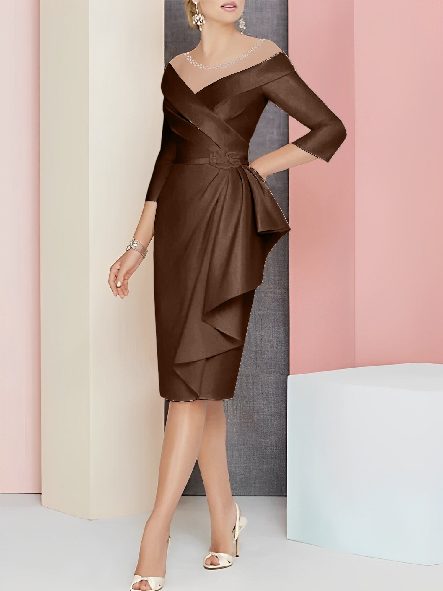 Knee-Length V-Neck Sheath/Column Mother of the Bride Dresses-27prom