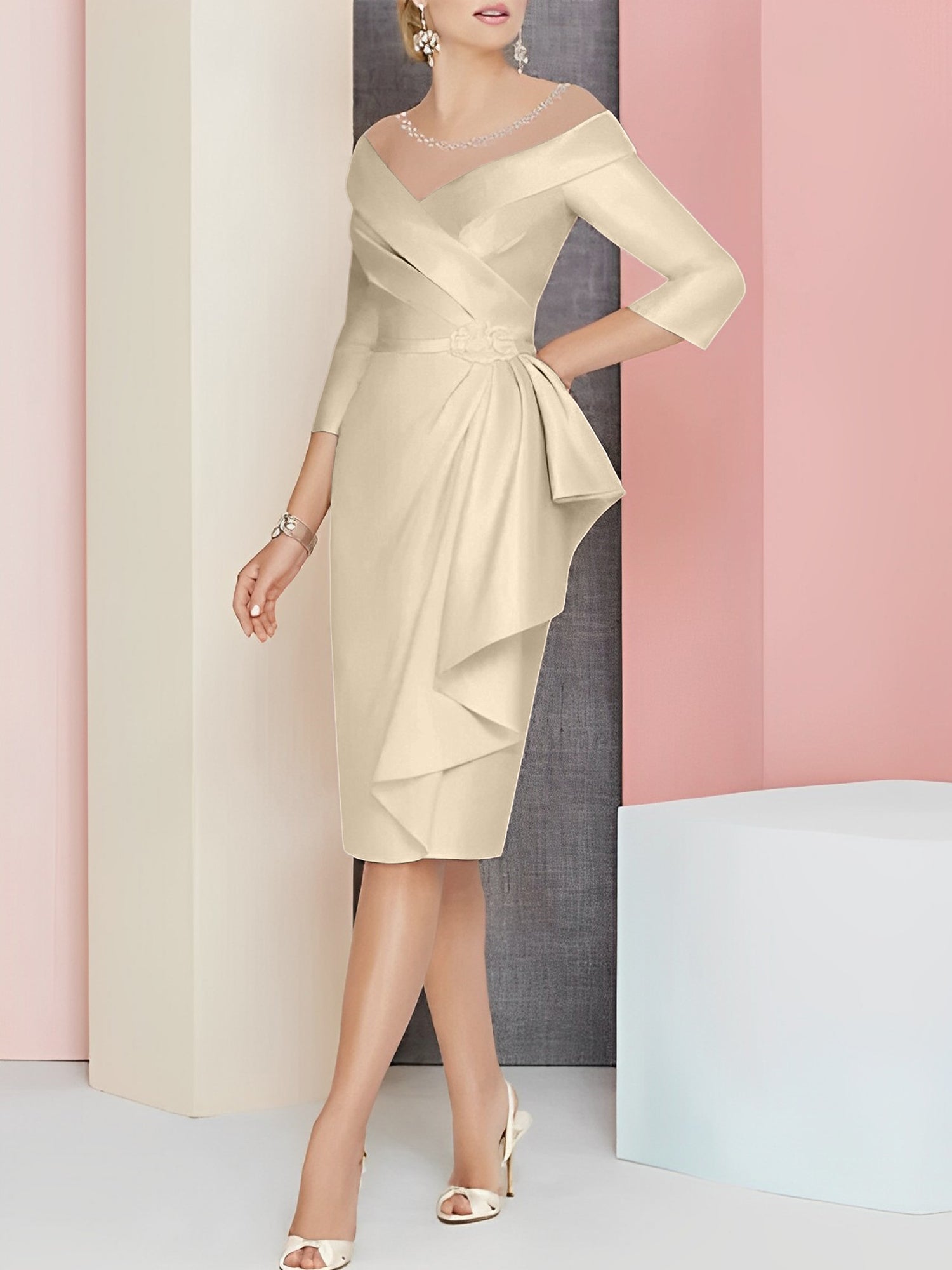 Knee-Length V-Neck Sheath/Column Mother of the Bride Dresses-27prom