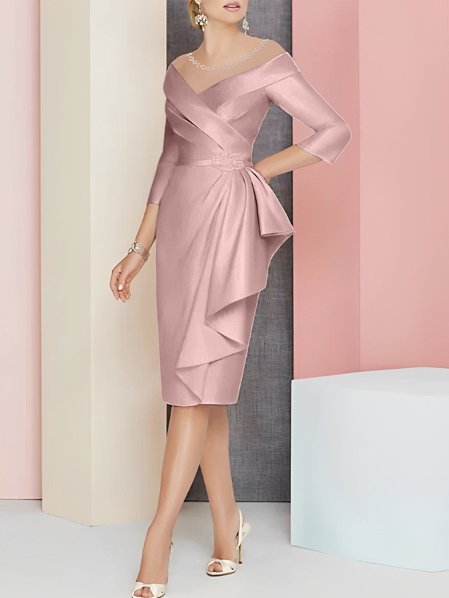 Knee-Length V-Neck Sheath/Column Mother of the Bride Dresses-27prom