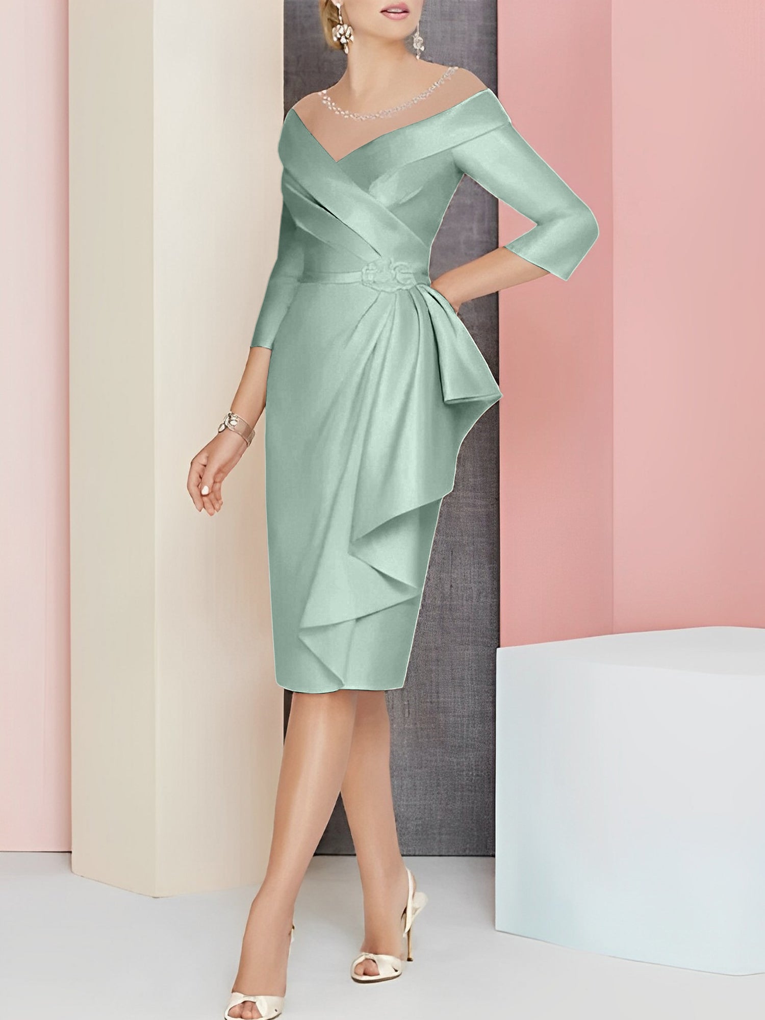 Knee-Length V-Neck Sheath/Column Mother of the Bride Dresses-27prom