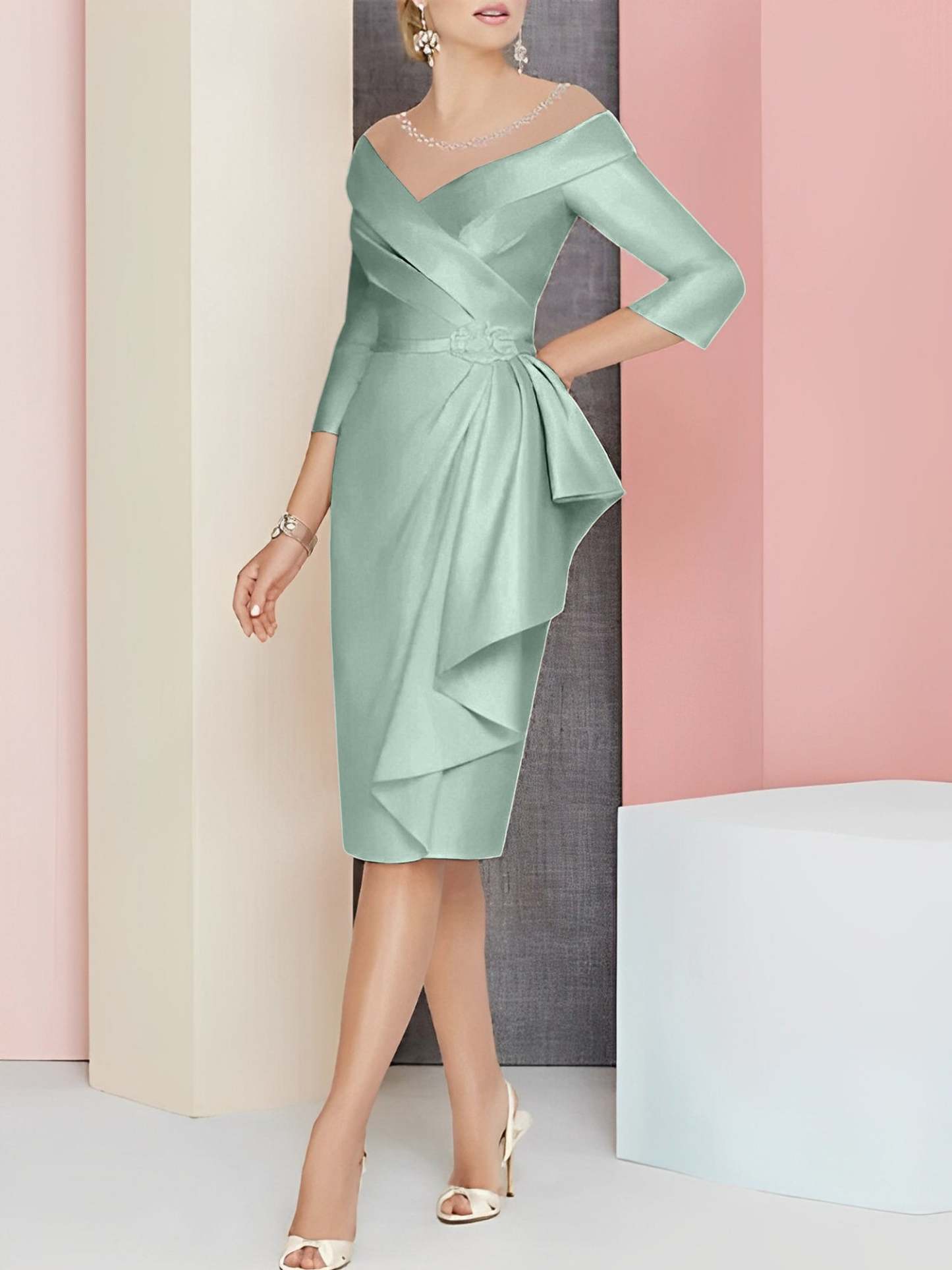 Knee-Length V-Neck Sheath/Column Mother of the Bride Dresses-27prom
