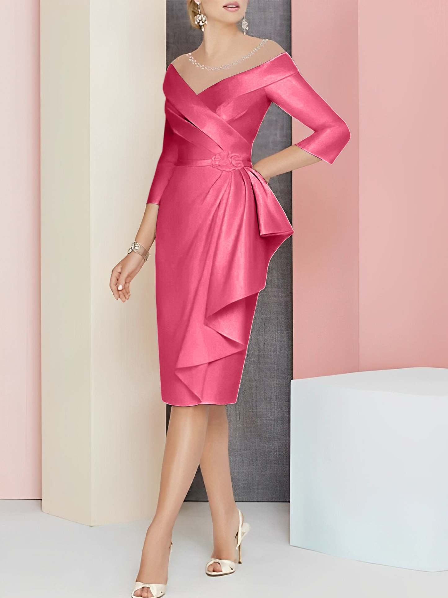 Knee-Length V-Neck Sheath/Column Mother of the Bride Dresses-27prom
