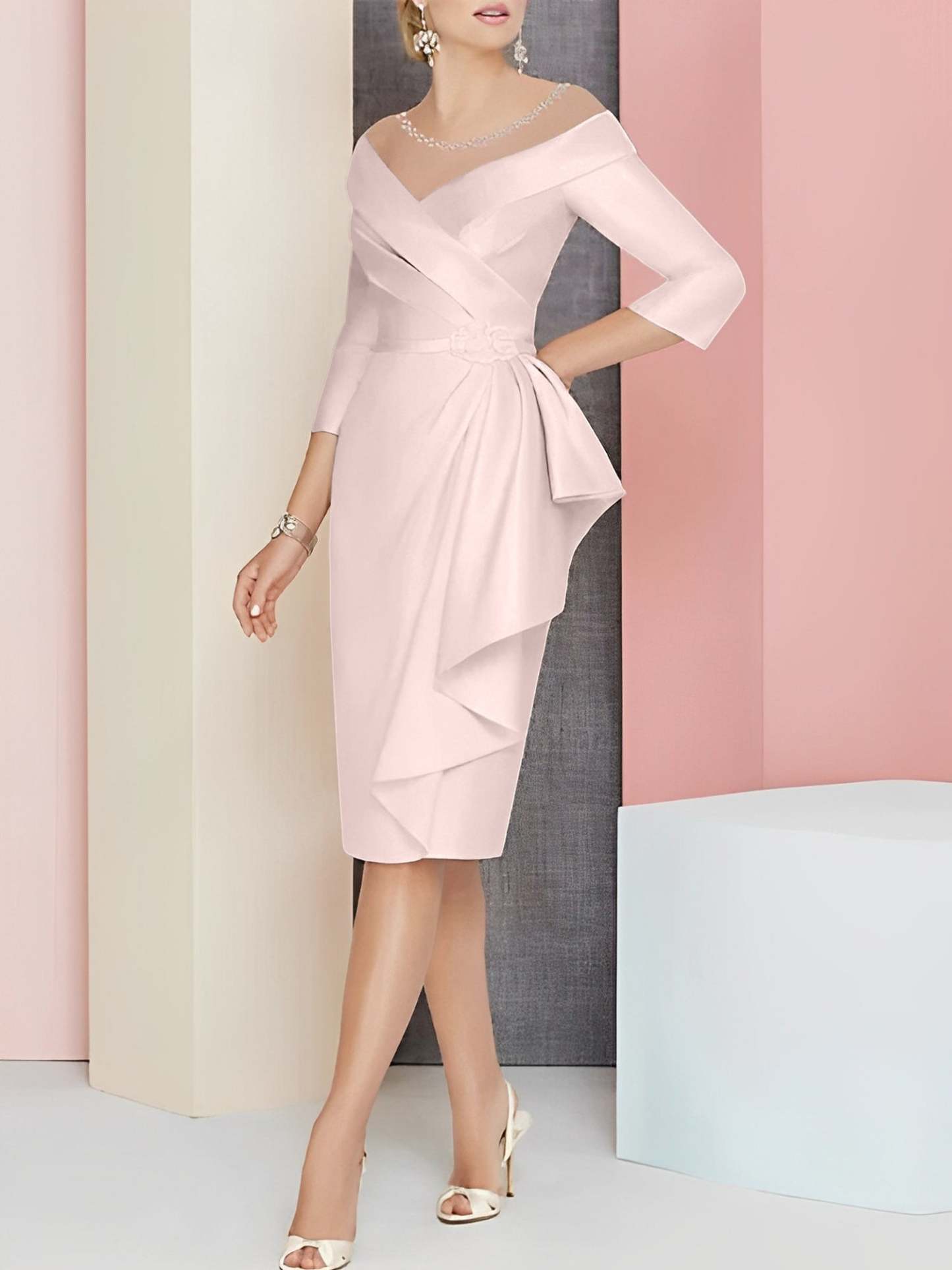 Knee-Length V-Neck Sheath/Column Mother of the Bride Dresses-27prom