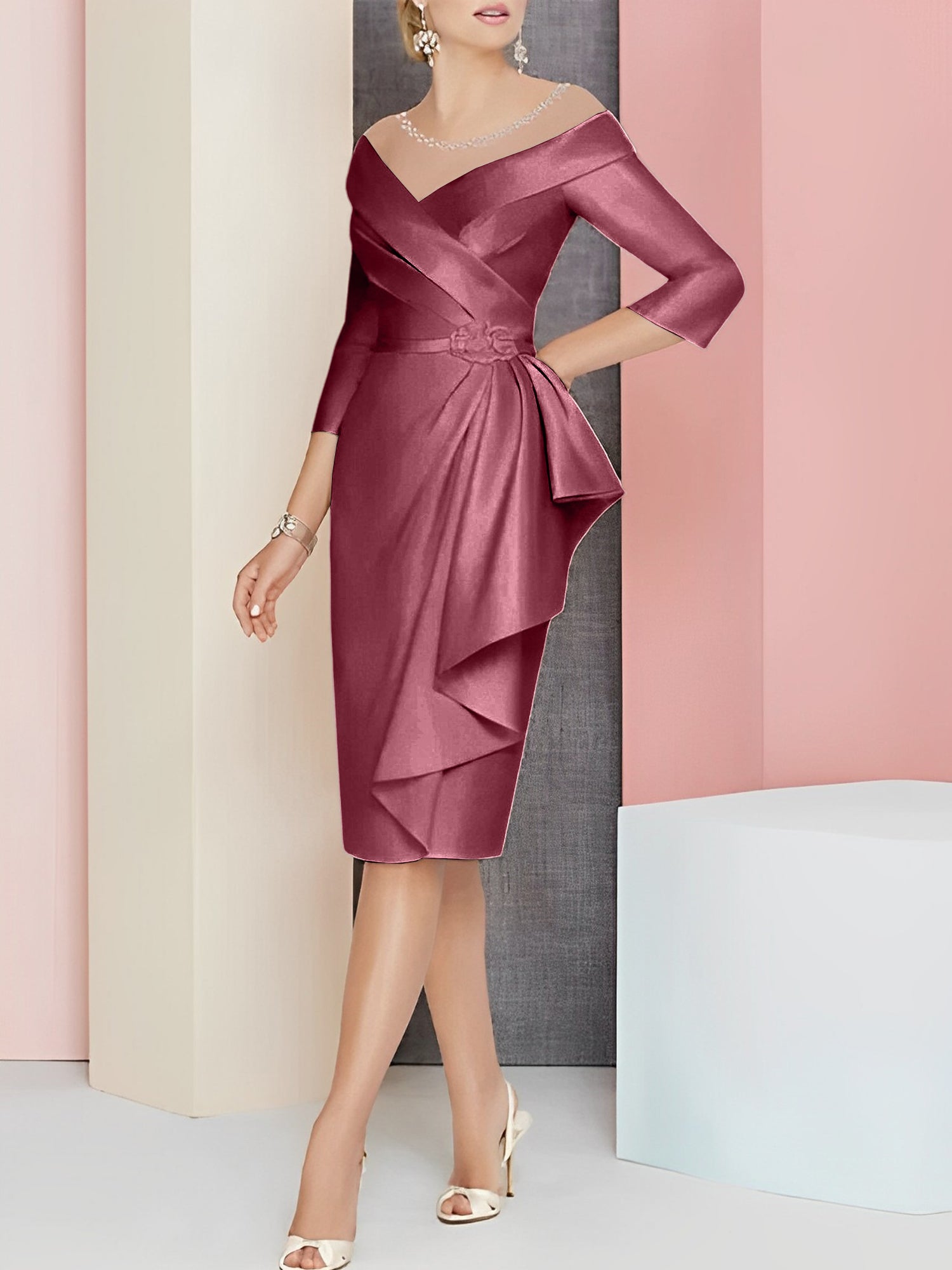 Knee-Length V-Neck Sheath/Column Mother of the Bride Dresses-27prom