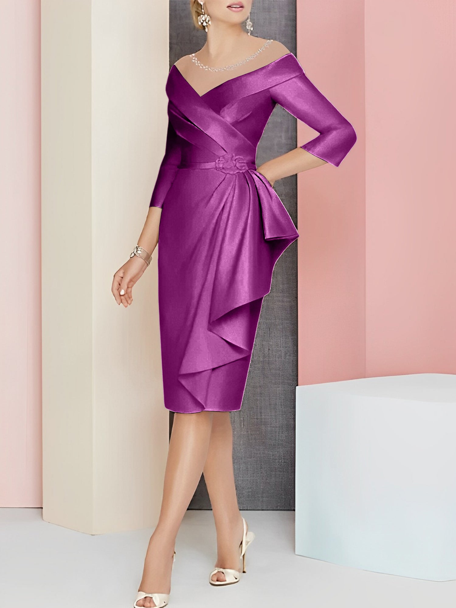 Knee-Length V-Neck Sheath/Column Mother of the Bride Dresses-27prom