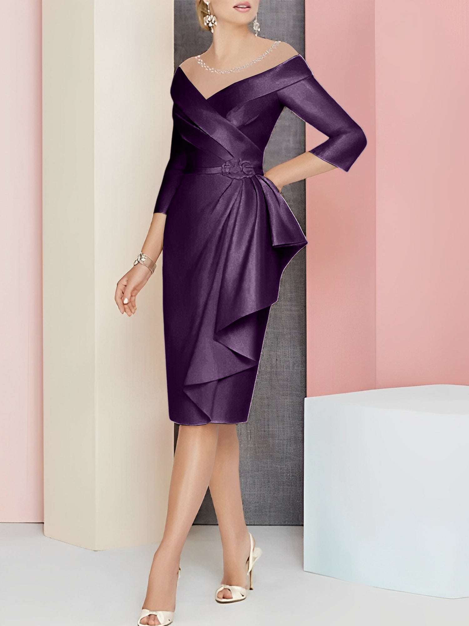 Knee-Length V-Neck Sheath/Column Mother of the Bride Dresses-27prom