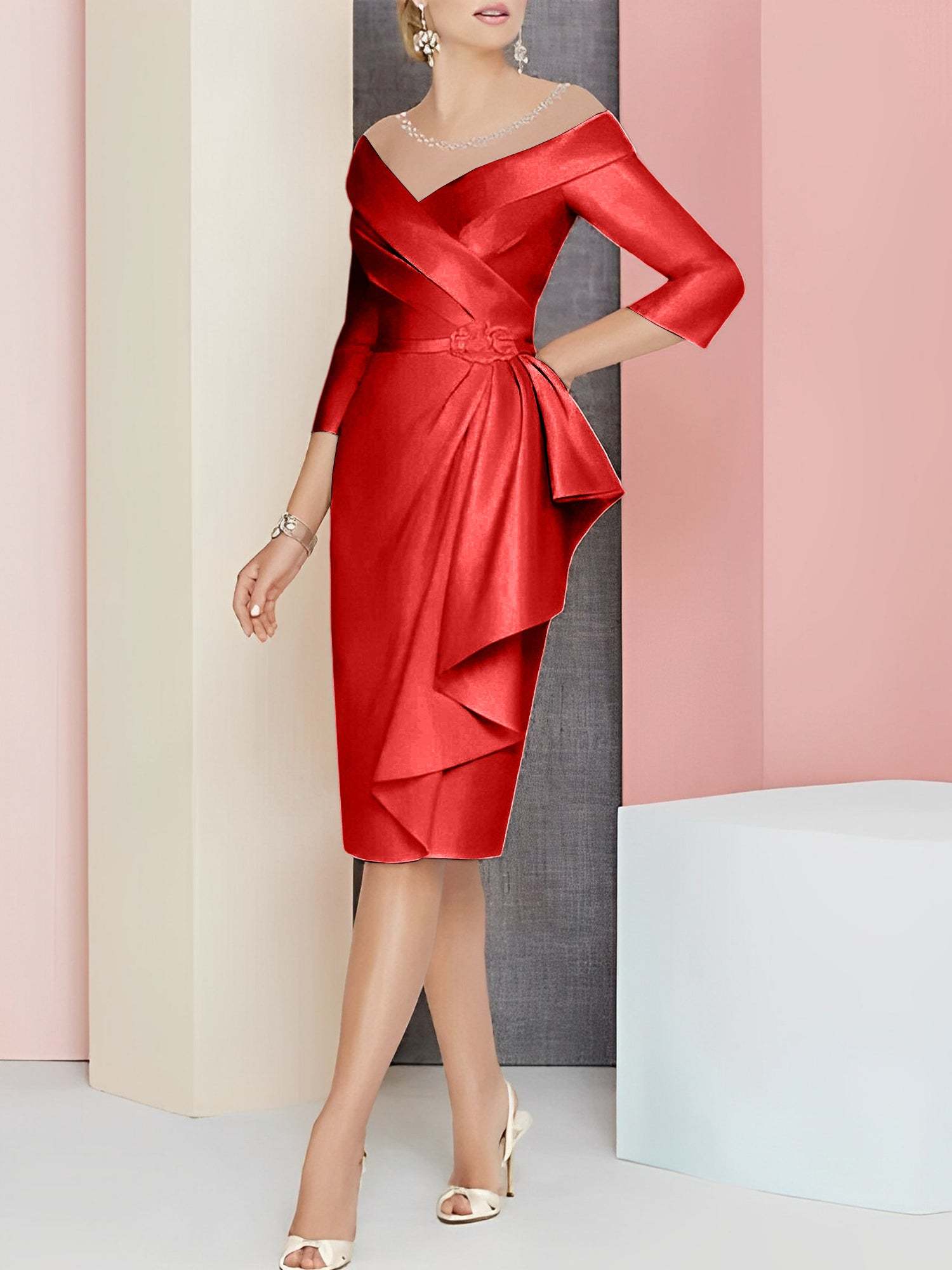 Knee-Length V-Neck Sheath/Column Mother of the Bride Dresses-27prom