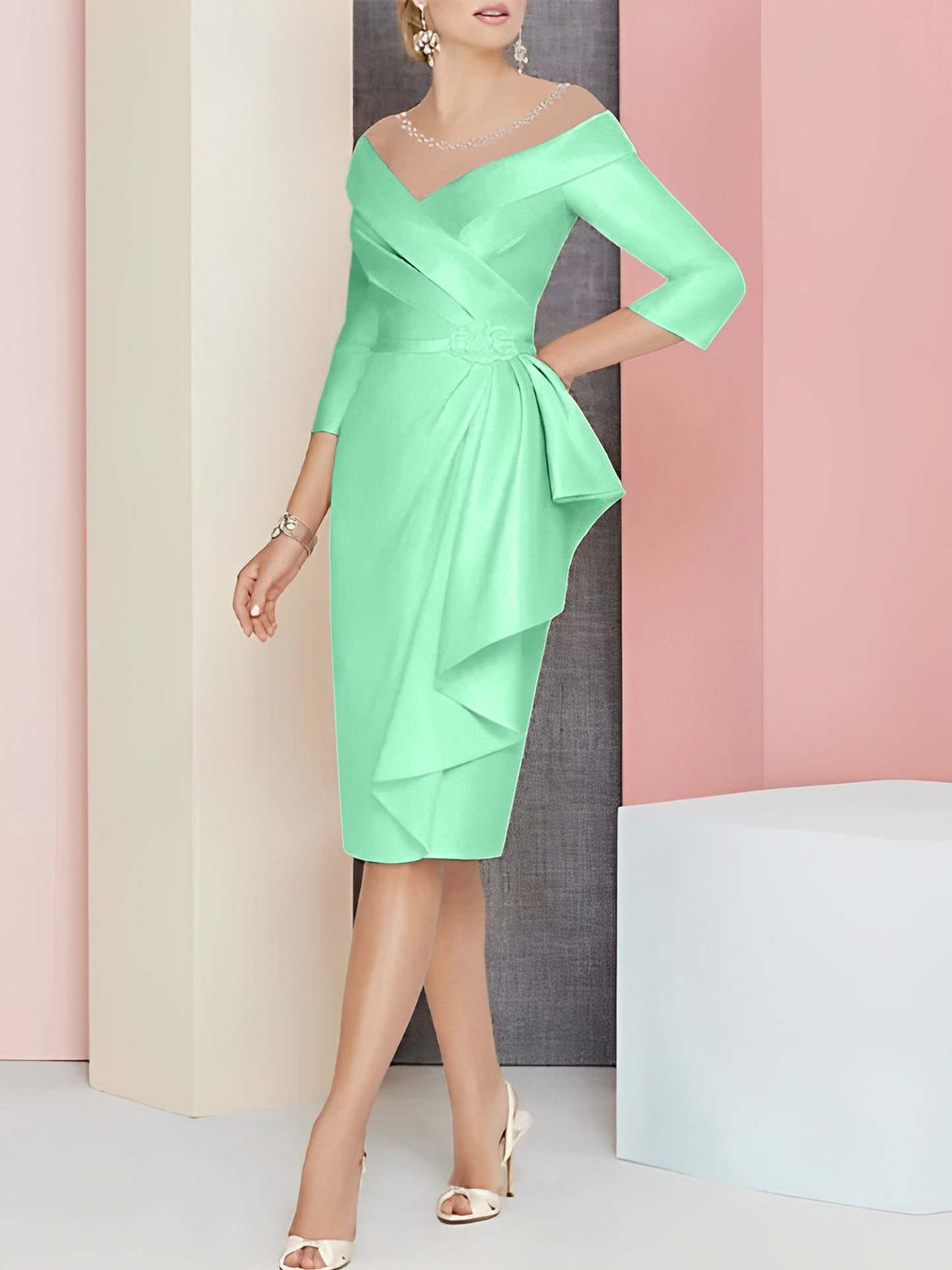 Knee-Length V-Neck Sheath/Column Mother of the Bride Dresses-27prom