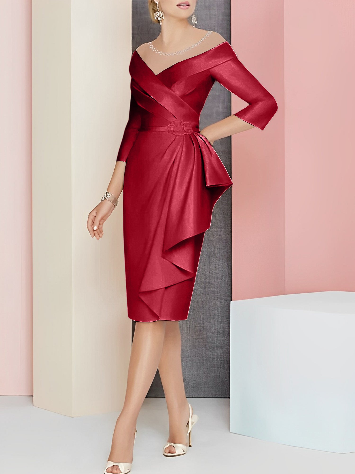 Knee-Length V-Neck Sheath/Column Mother of the Bride Dresses-27prom