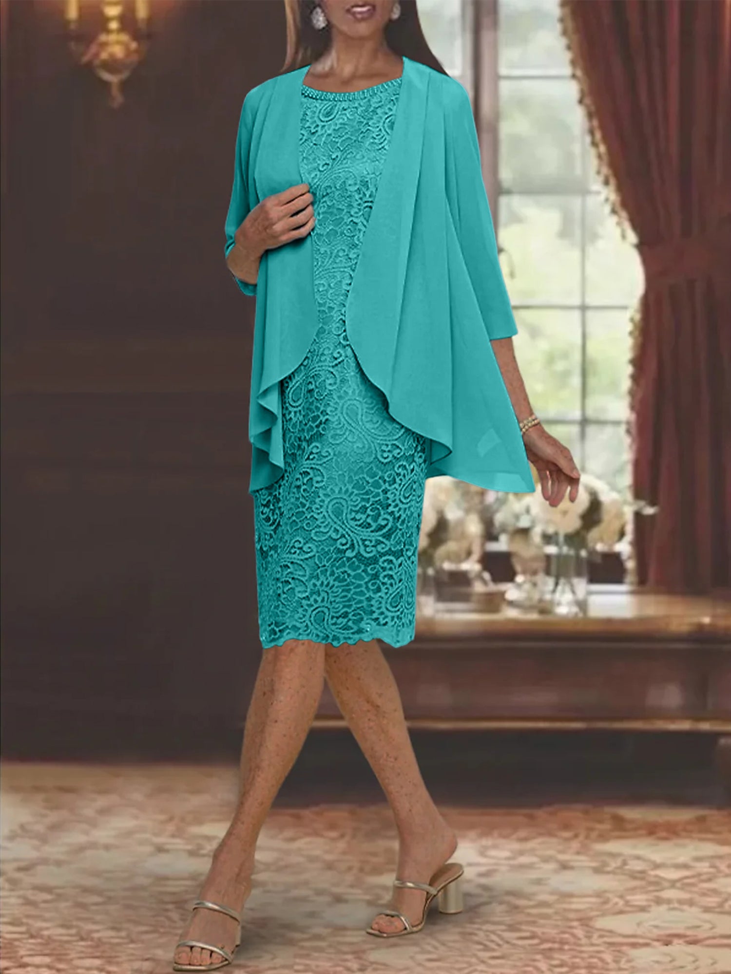 Tea-Length Mother of the Bride Sheath/Column Jewel Neck Dresses-27prom
