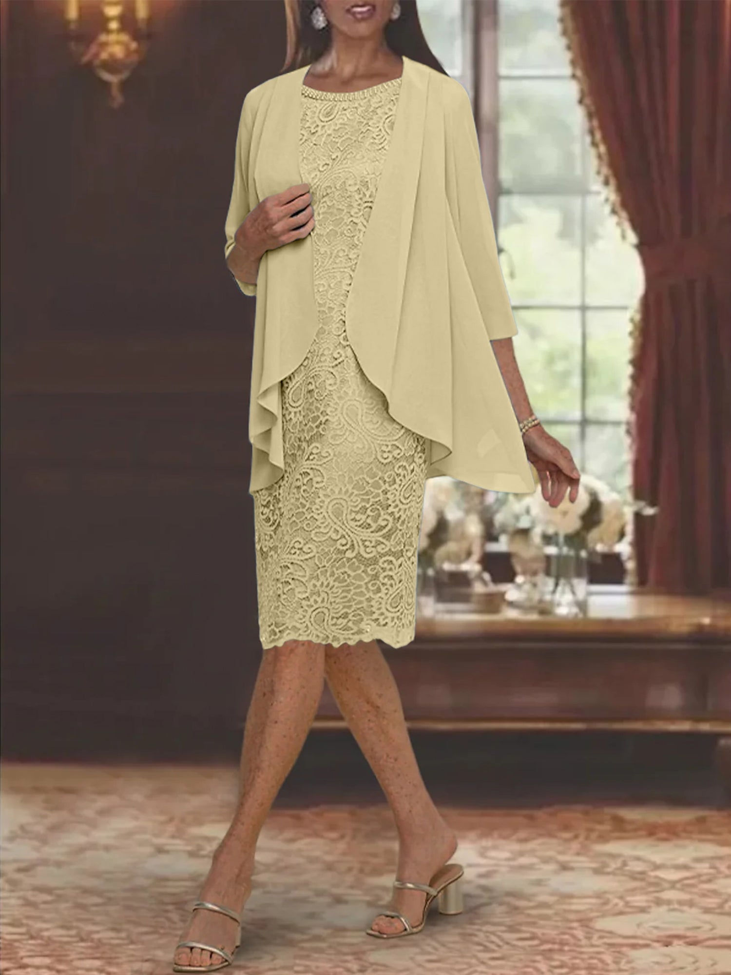 Tea-Length Mother of the Bride Sheath/Column Jewel Neck Dresses-27prom