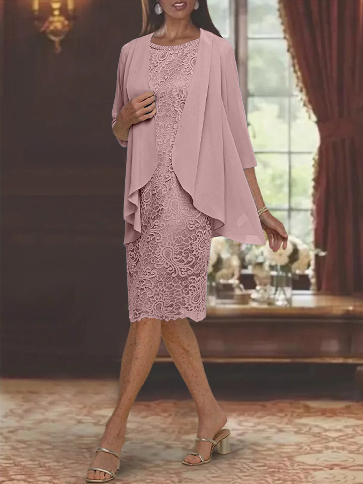 Tea-Length Mother of the Bride Sheath/Column Jewel Neck Dresses-27prom