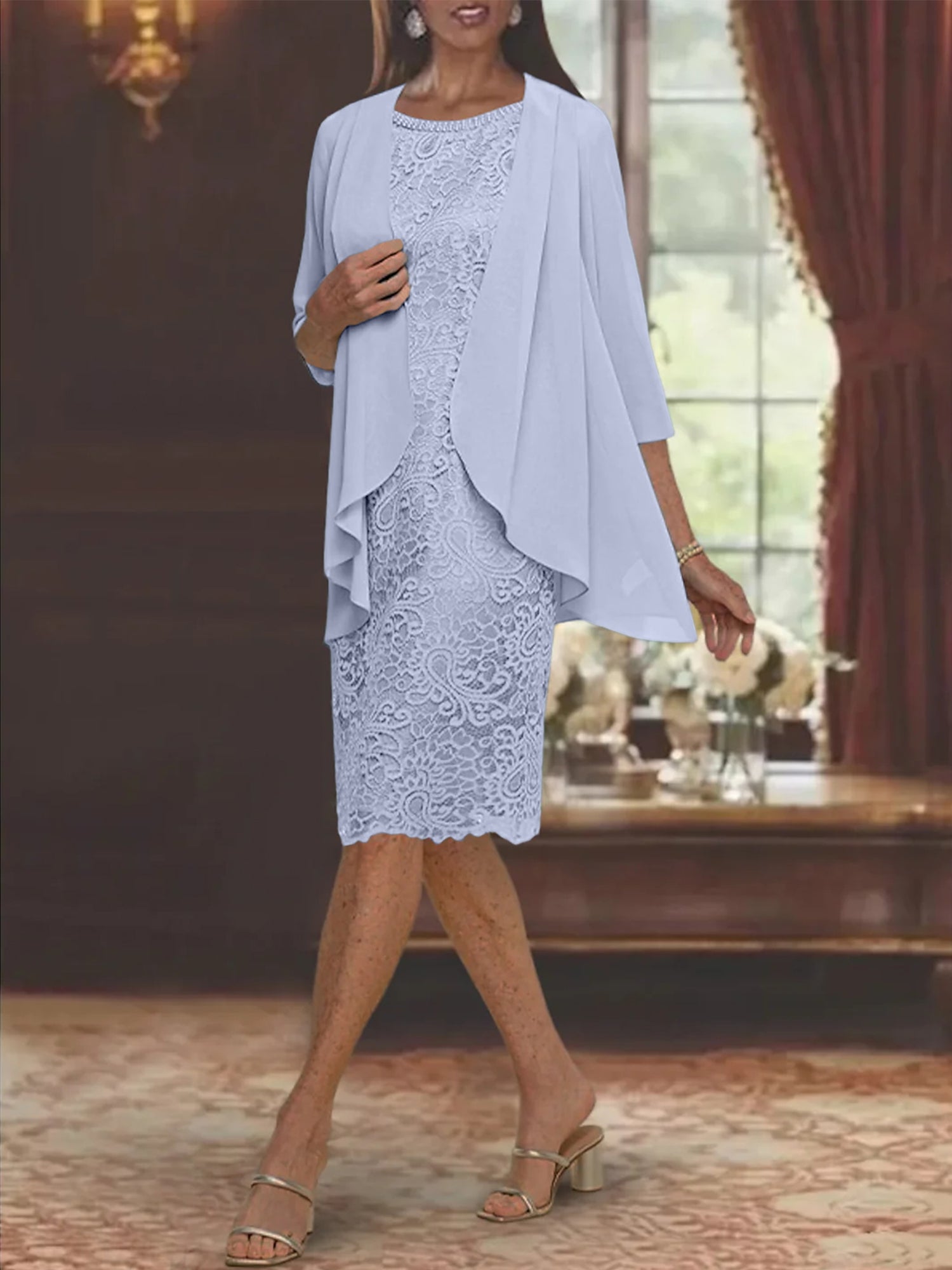 Tea-Length Mother of the Bride Sheath/Column Jewel Neck Dresses-27prom