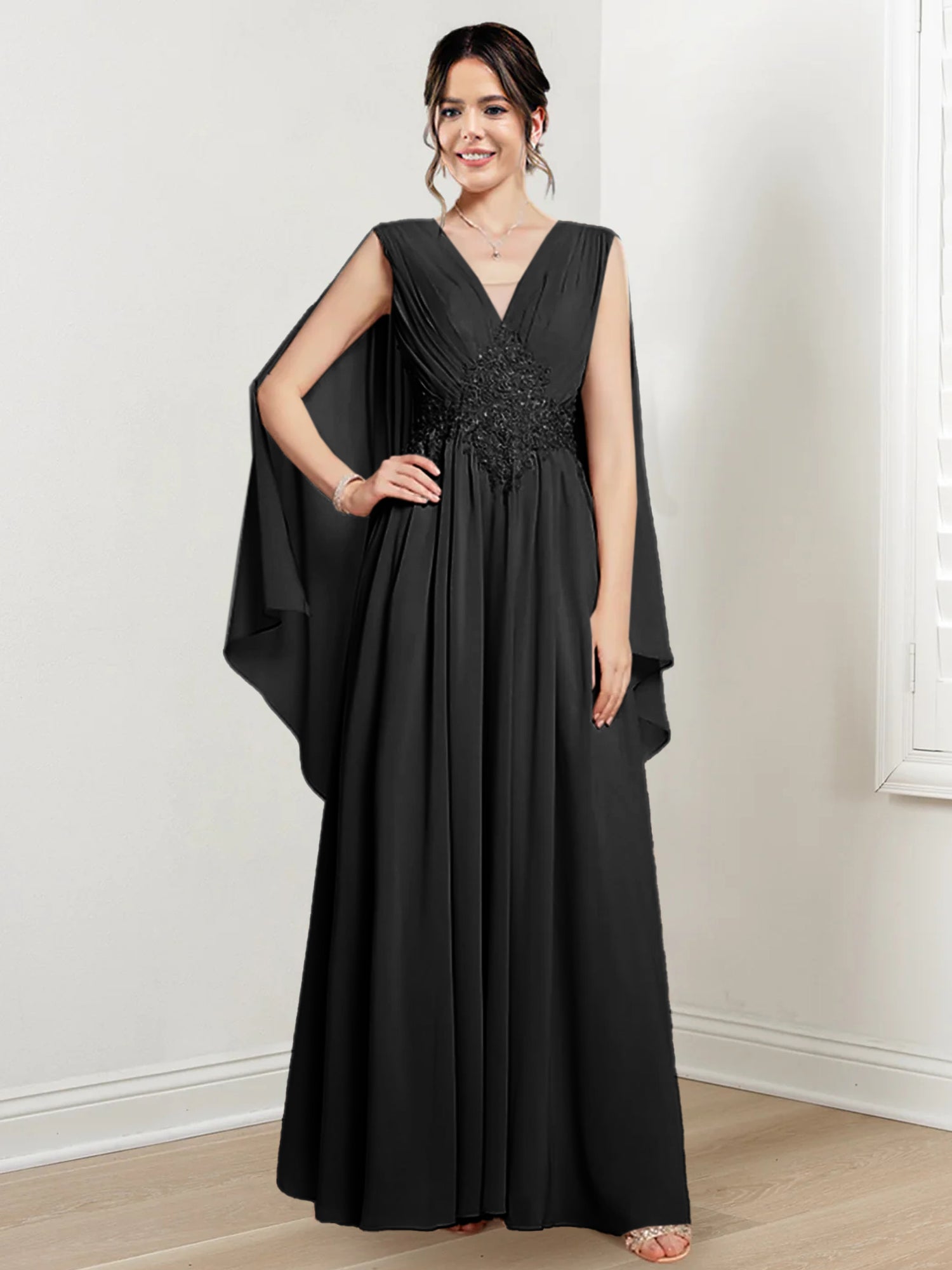 V-Neck A-Line Princess Floor-Length Dresses for the Mother of the Bride-27prom