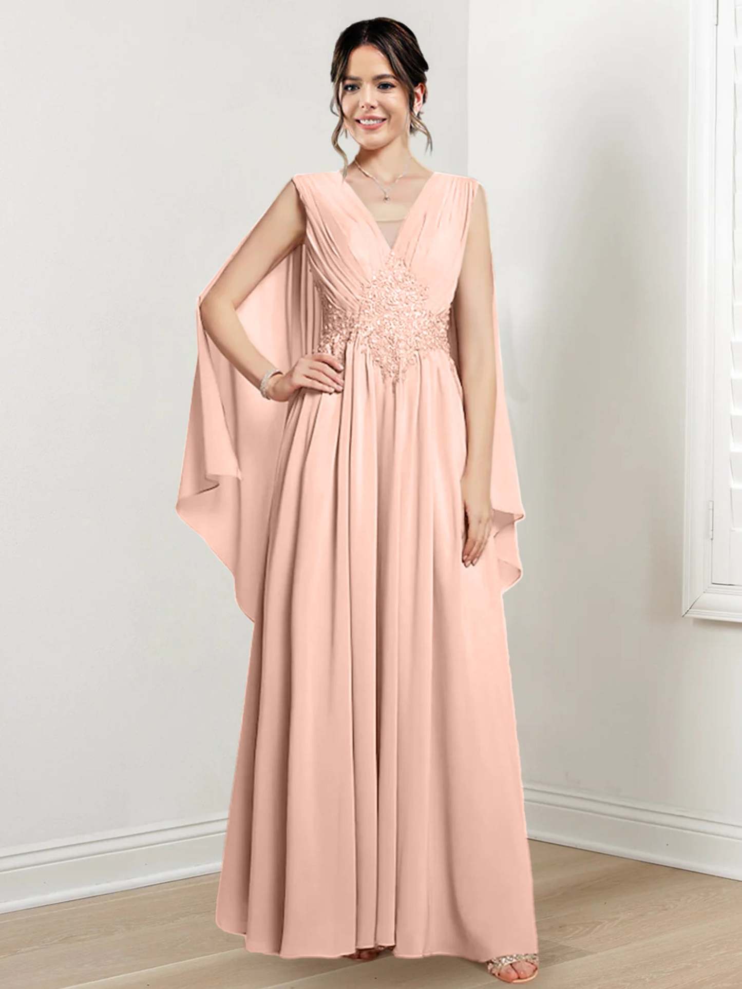 V-Neck A-Line Princess Floor-Length Dresses for the Mother of the Bride-27prom