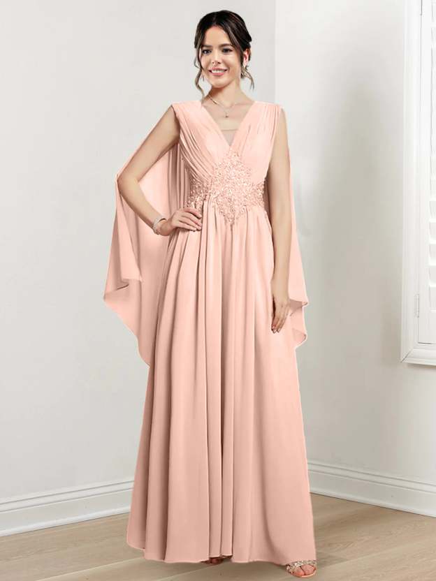 V-Neck A-Line Princess Floor-Length Dresses for the Mother of the Bride-27prom