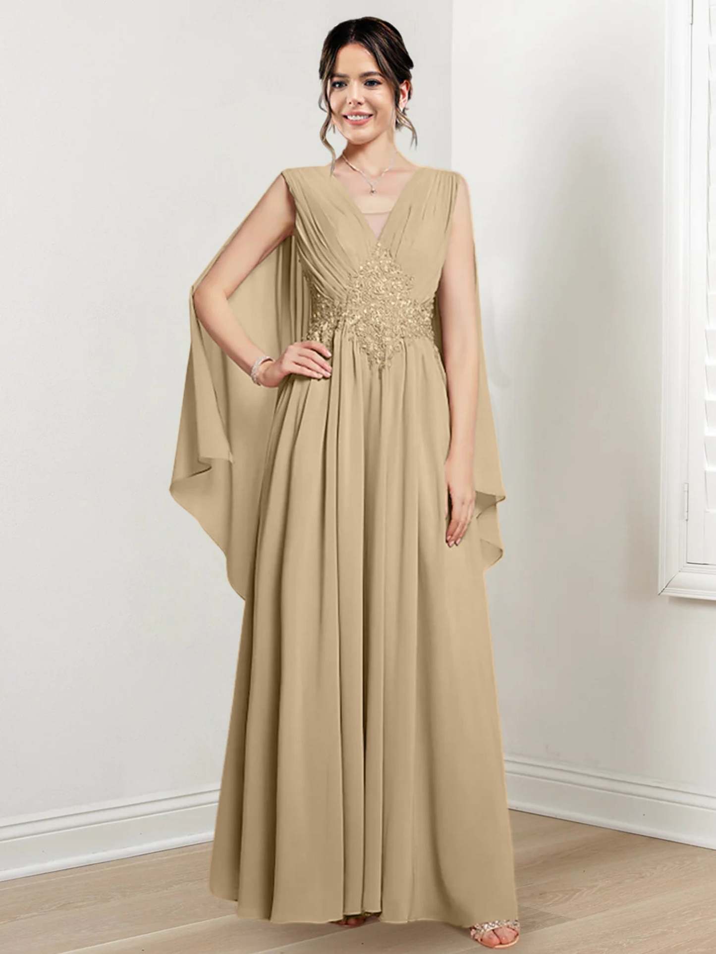 V-Neck A-Line Princess Floor-Length Dresses for the Mother of the Bride-27prom